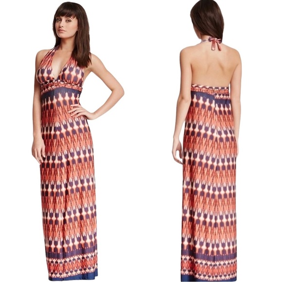Vix Dresses & Skirts - Vix Paula Hermanny Ikat print Peach Pink Cream Blue Jersey Halter Maxi Dress L